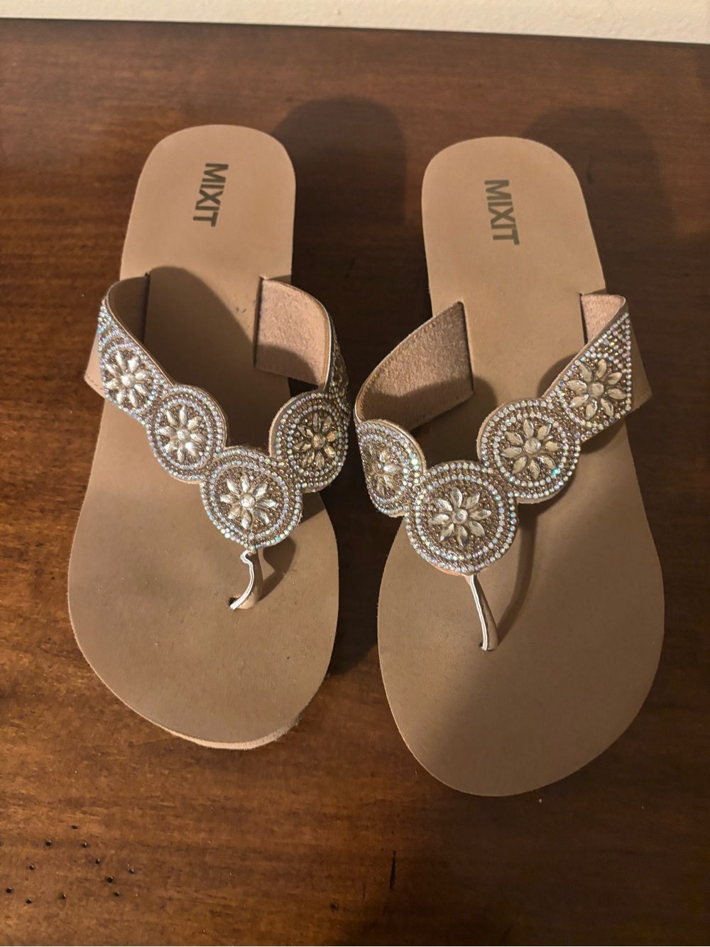 Mixit Tan Beaded Floral Toe-Post Sandals